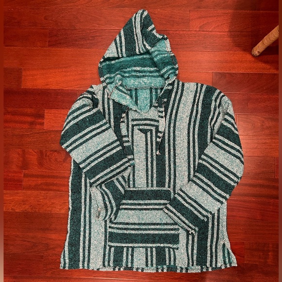 MEXICAN Green Striped Baja Hoodie Unisex Pullover Beach Sweatshirt EUC - Picture 2 of 6
